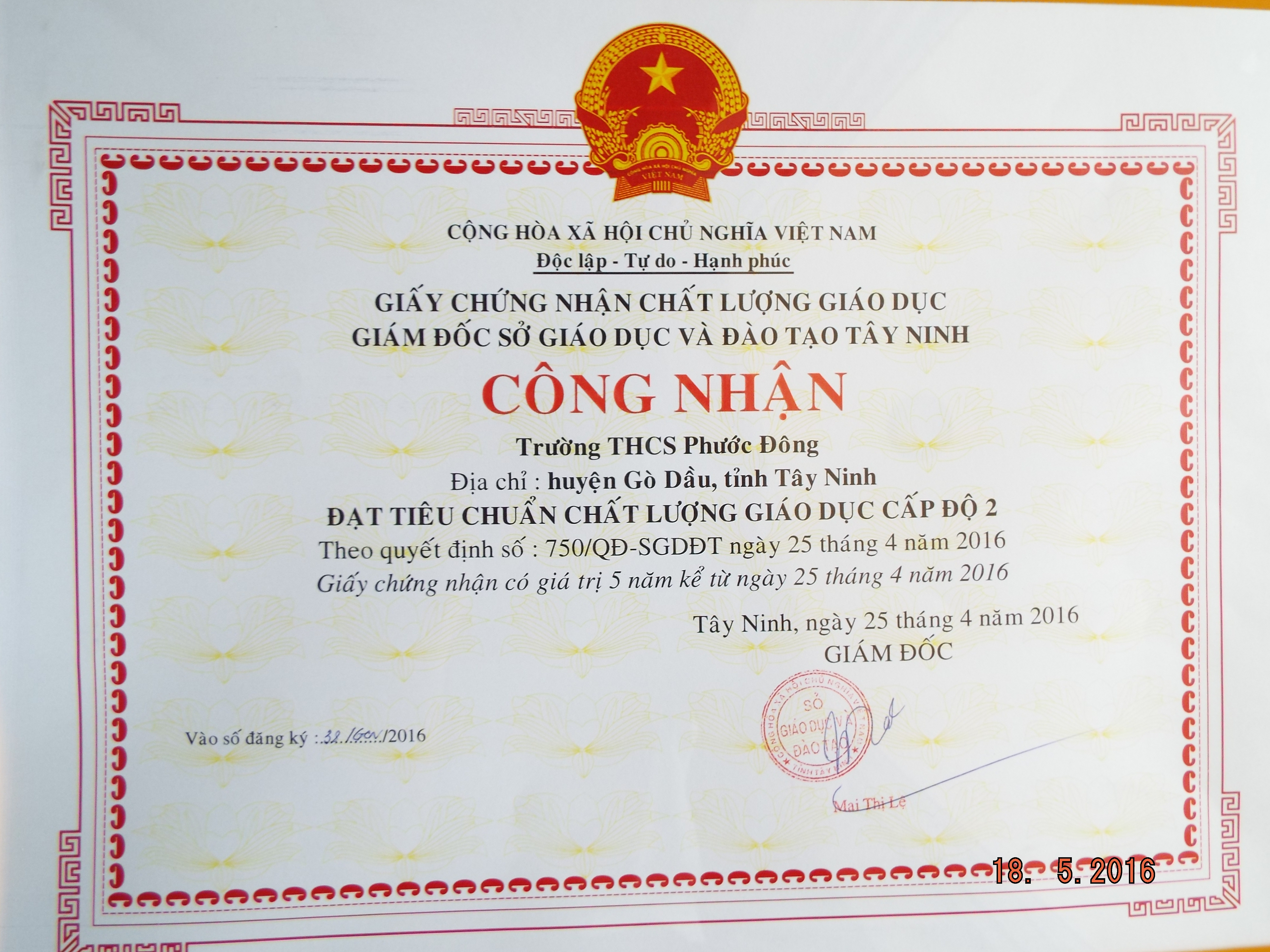 Giấy chứng nhận chất lượng giáo duc cấp độ 2 của Trường THCS Phước Đông